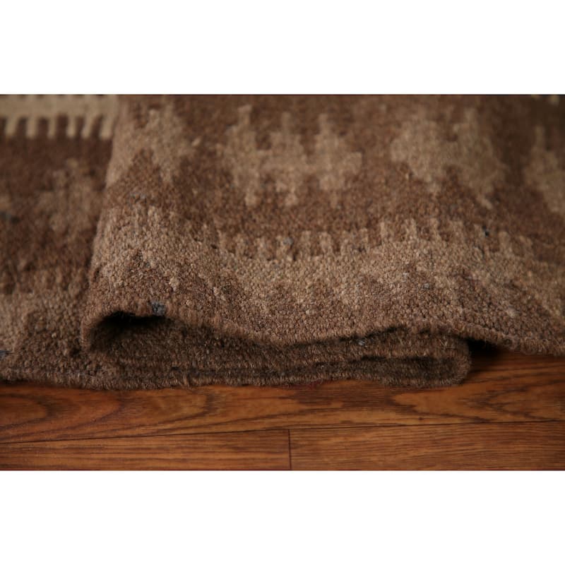 Brown Geometric Kilim Oriental Area Rug Hand-woven Wool Carpet - 7'3" x 9'9"