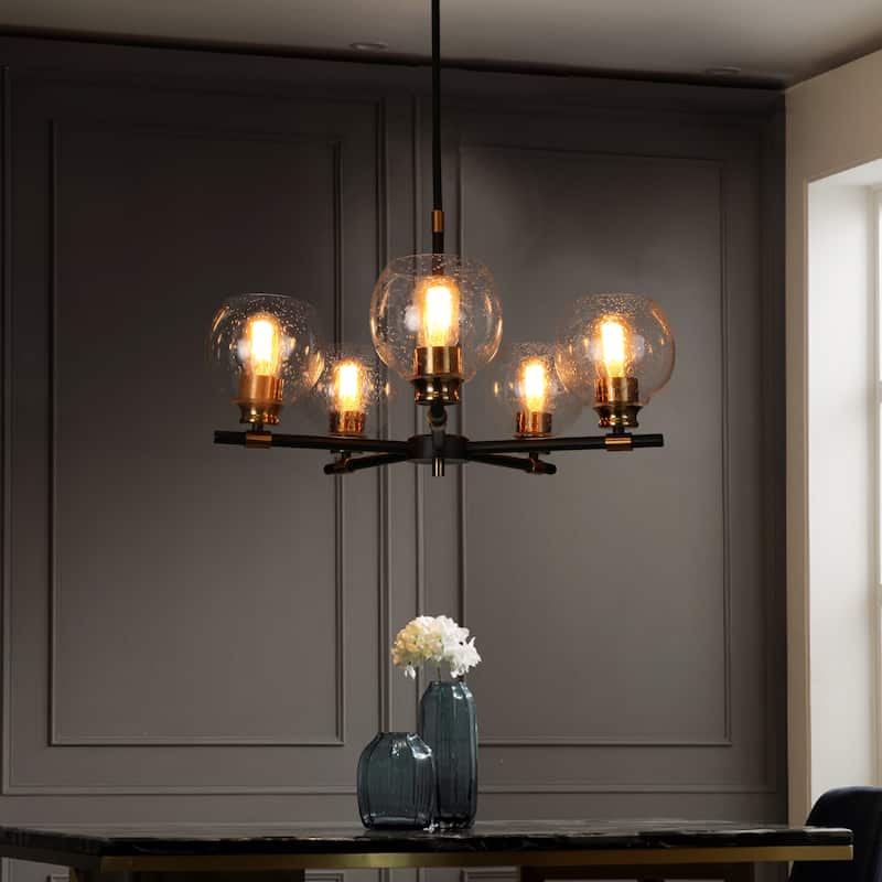 Mid-century Modern 5 Lights Chandeliers Marsie Orb Glass Upwards Ceiling Lights Wheel Black with Gold - D23.6" x H77" - D23.6" x H77" - Black-Gold