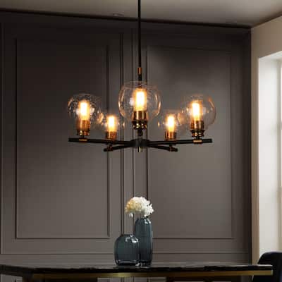 Mid-century Modern 5 Lights Chandeliers Marsie Orb Glass Upwards Ceiling Lights Wheel Black with Gold - D23.6" x H77"