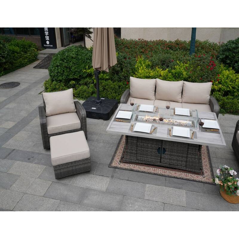 5-Piece Wicker Patio Sofa Set with Gas Firepit And Ice Bucket by None