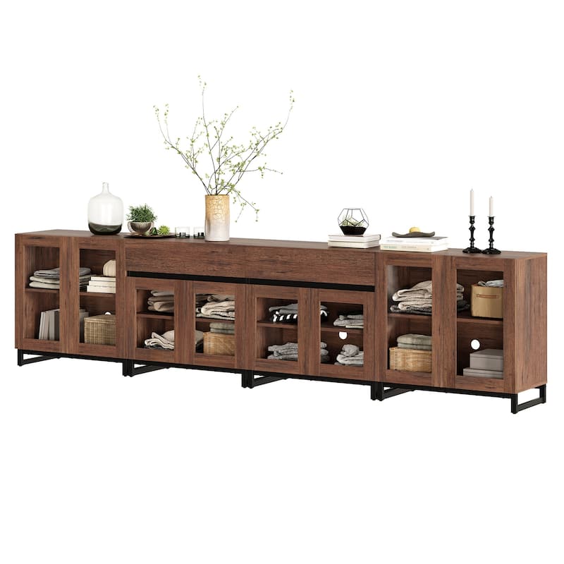 4-in-1 TV Stand for 120" TVs, Modern Console with Glass Doors & 2 Drawers
