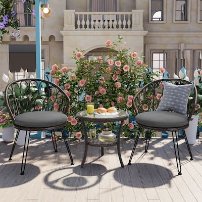 Outdoor Leisure Set, 2 Rattan Single Chairs with 1 Glass Round Table