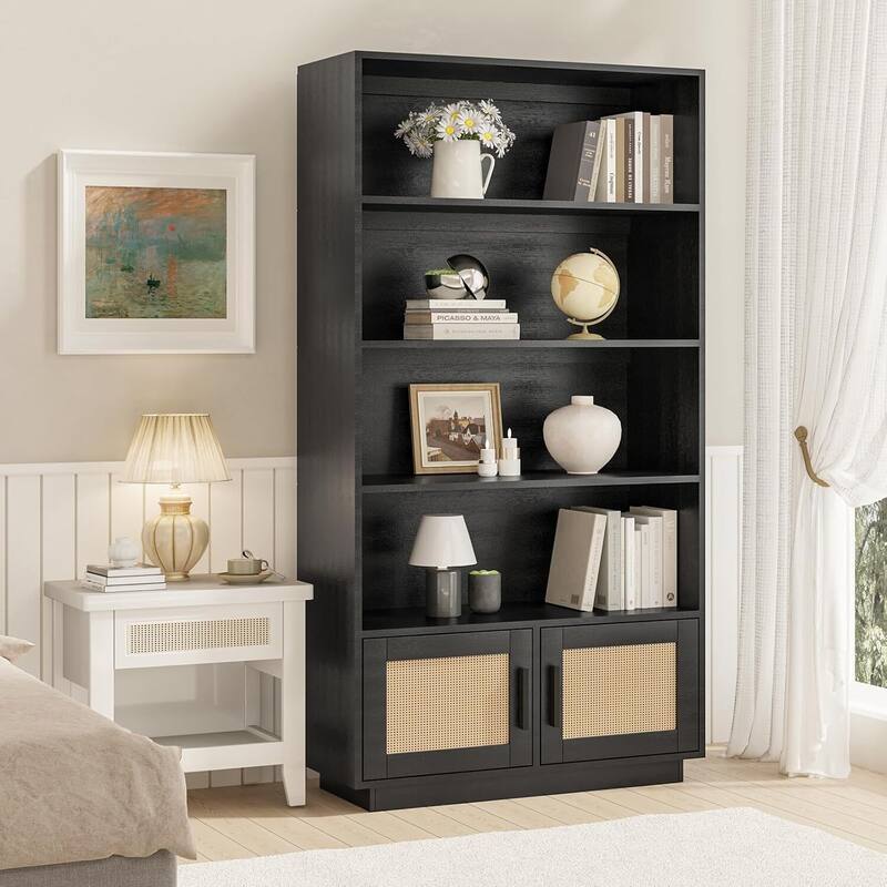 4-Tier Wooden Bookcase with Rattan Doors for Living Room, Home Office - N/A - Black