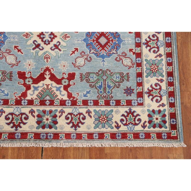 Light Blue Geometric Kazak Rug Handmade Wool Carpet - 4'11" x 6'6"