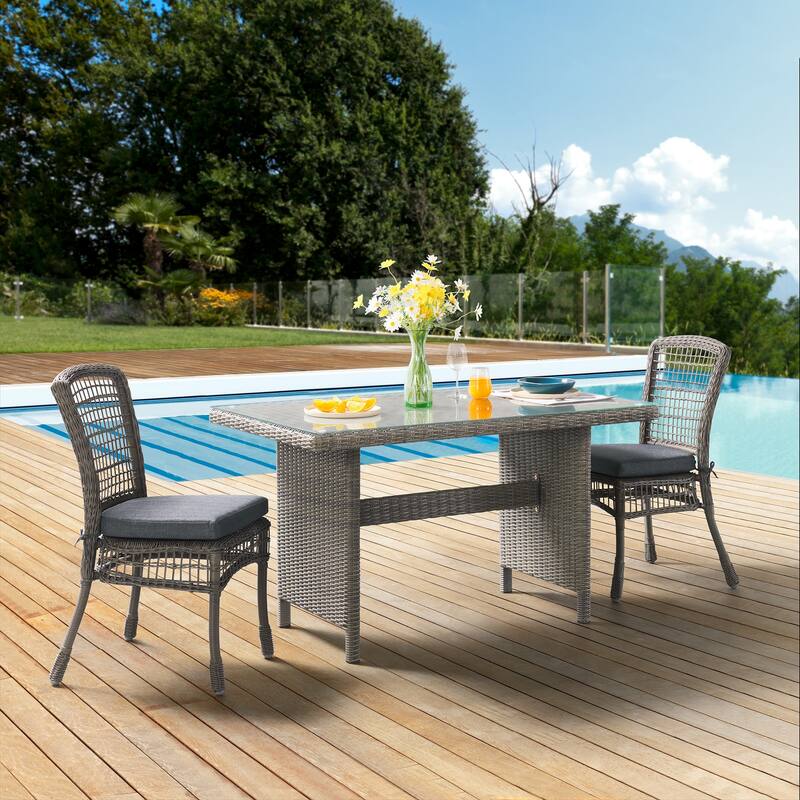 Asti All-Weather Wicker 3-Piece Outdoor Dining Set with 30"H Table with Glass Top and Two 37"H Dining Chairs - Grey - 3-Piece Sets