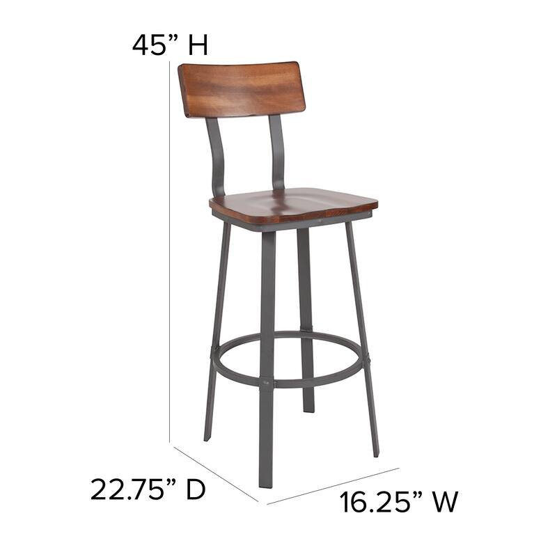 Rustic Walnut Restaurant Barstool with Wood Seat & Back & Gray Powder Coat Frame - 16.25"W x 22.75"D x 45"H