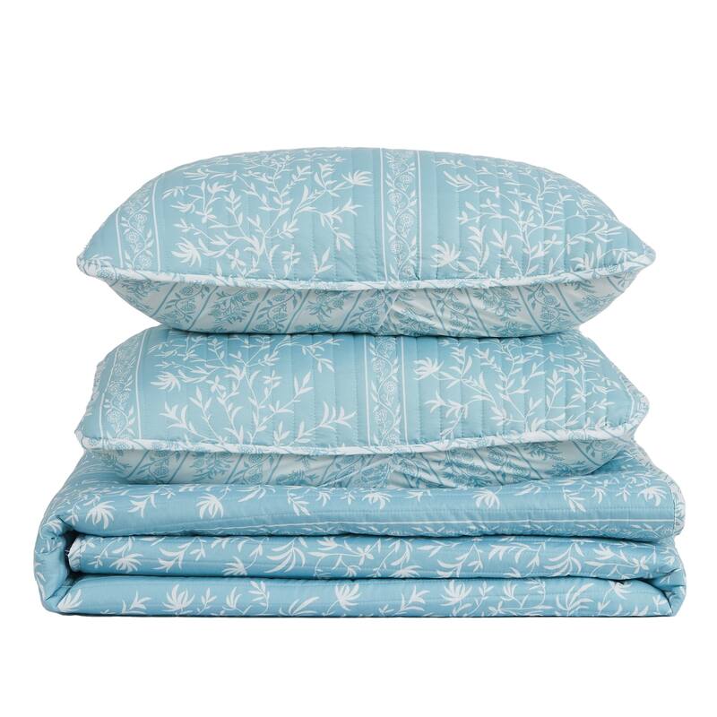 Premium Floral Striped Microfiber Quilt Set With Shams