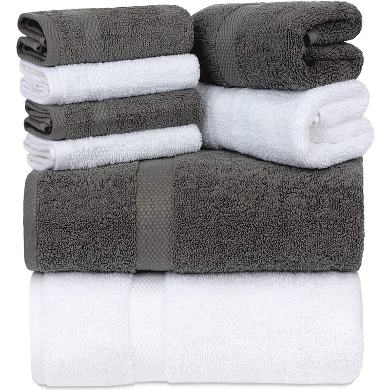 White Classic Luxury Cotton 8Pc Multi Size Towel Set [2 Bath Towels, 2 Hand Towels, 4 Washcloths] - Grey & White