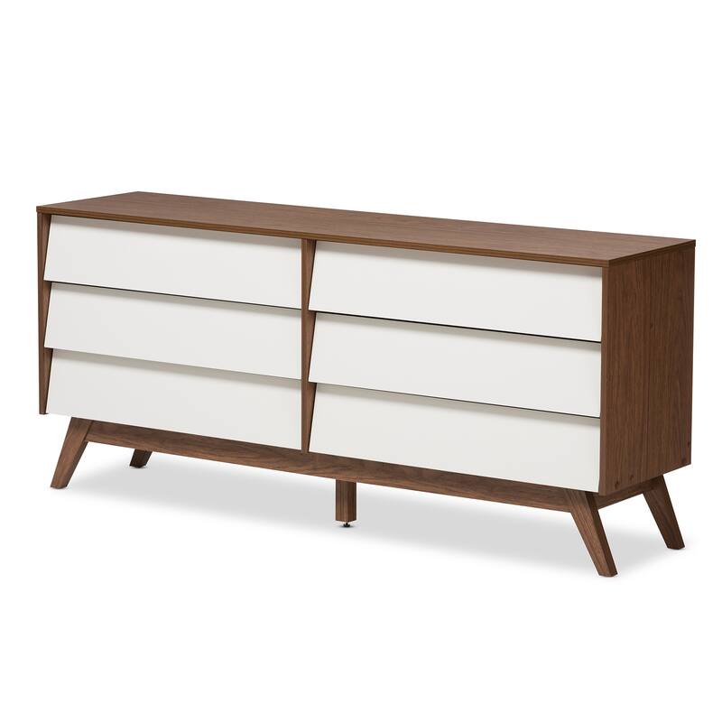 6 Drawer Dresser - White and Walnut Brown Double Dresser - Modern Storage Chest - Bedroom Living Room Furniture
