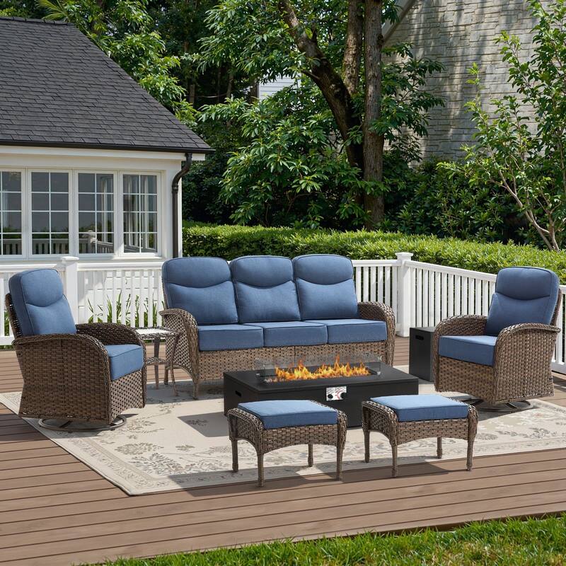 Meyreso 7-Piece Wicker Outdoor Patio Fire Pit Sofa Set with 6-Inch Thick Cushions