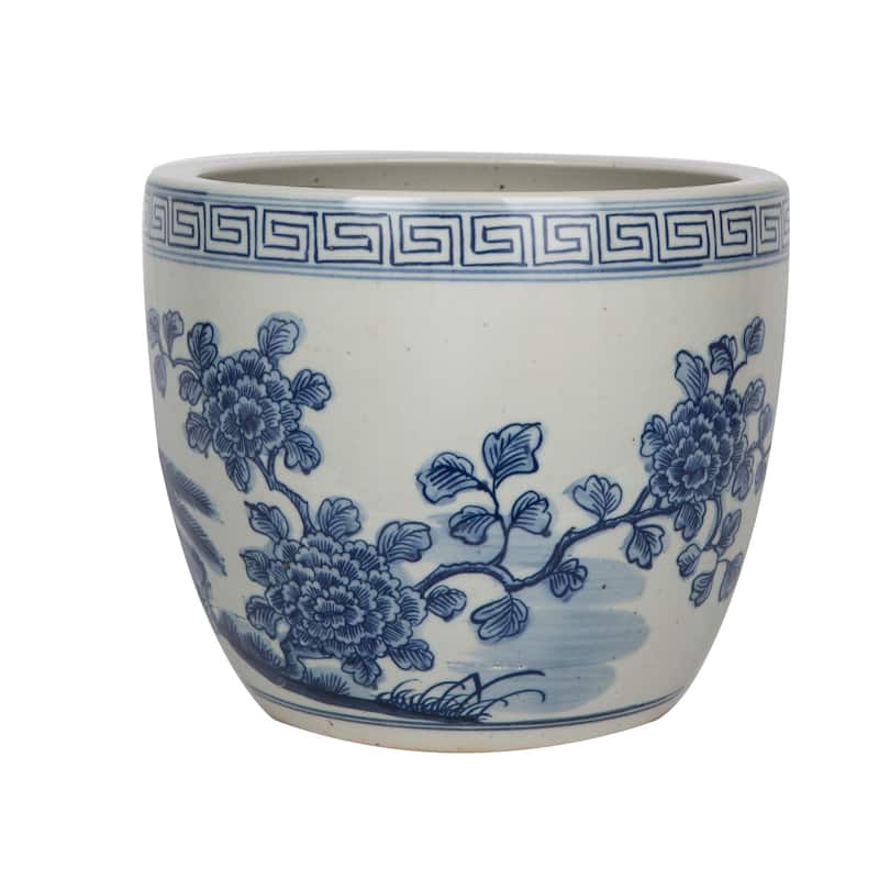 Blue And White Porcelain Pheasant Flower Planter With Greek Symbol