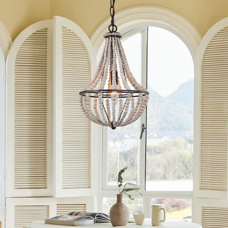 Farmhouse 1-Light Wood Beads Mini Chandelier Boho Pendant Light for Kitchen Island - Dia. 10" x H 15"