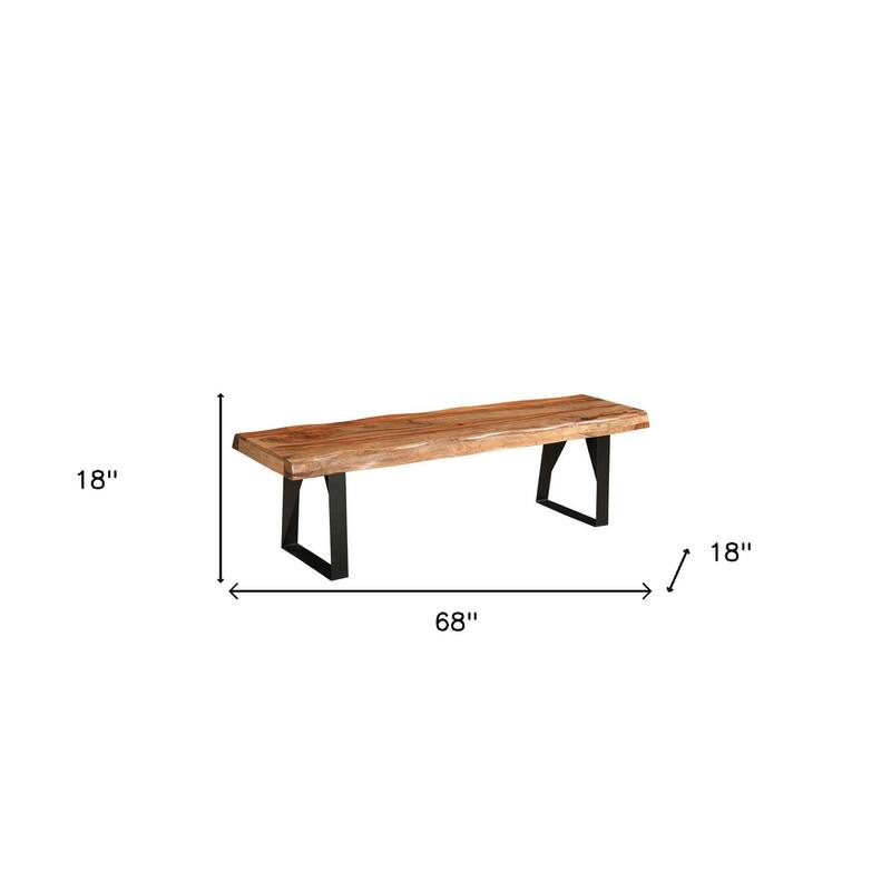 HomeRoots 68" Brown and Black Solid Wood And Metal Live Edge Dining Bench - 68 in. x 18 in. x 18 in.