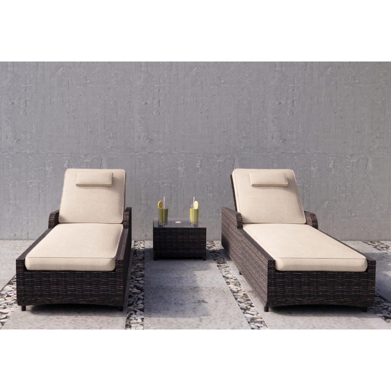 3 Pieces Outdoor Aluminum Adjustable Wicker Chaise Lounge Set On