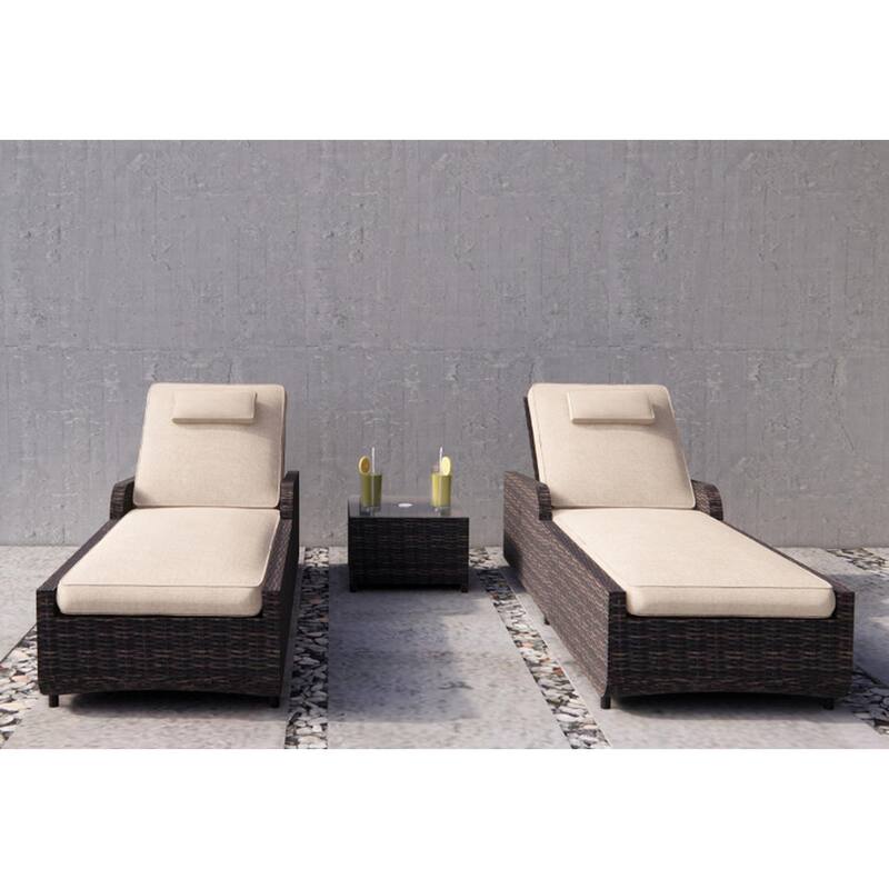 3-Pieces Outdoor Aluminum Adjustable Wicker Chaise Lounge Set - Brown