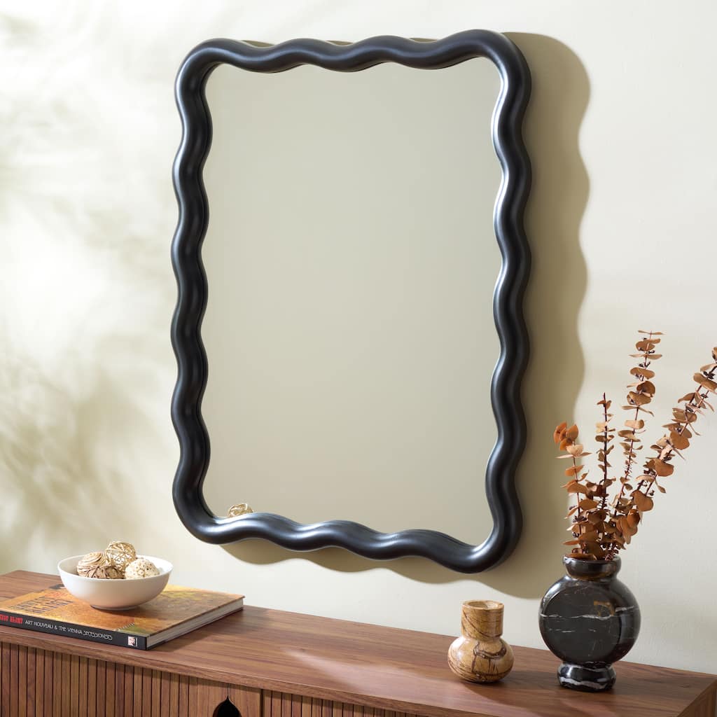 SAFAVIEH Izara Wavy Wall Mirror, 32-Inch Decorative Wood Frame Accent Mirror for Bedroom, Living Room, or Entryway