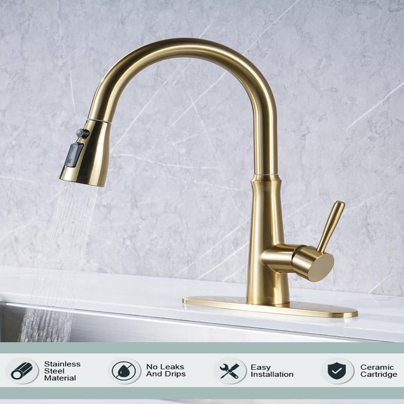 WOWOW Single Handle 3-Mode Pull Out Sprayer Kitchen Faucet