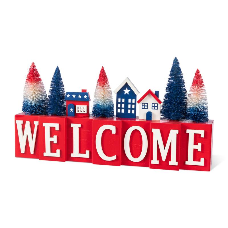 Glitzhome 14''L Patriotic/ Americana Wooden House Brush Trees Table Decor
