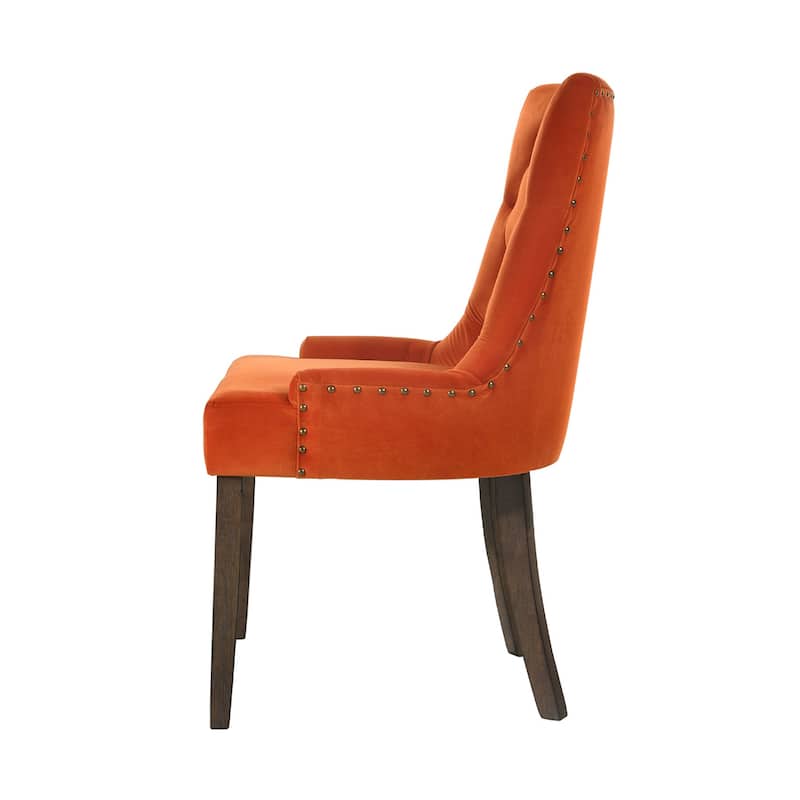 Set of 2 Velvet Upholstered Dining Chairs, Orange and Weathered Oak