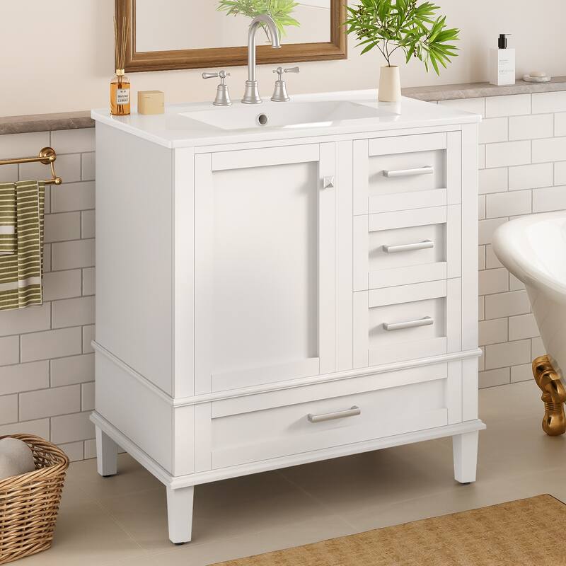 GDFStudio - Lumia Transitional Space Saving Freestanding Bathroom Vanity Cabinet with Ceramic Sink and Soft Close Storage