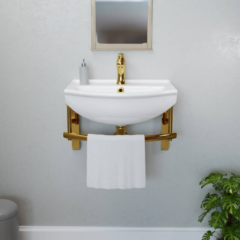 White Ceramic Wall Mount Bathroom Sink with Brass Faucet and Sink Drain
