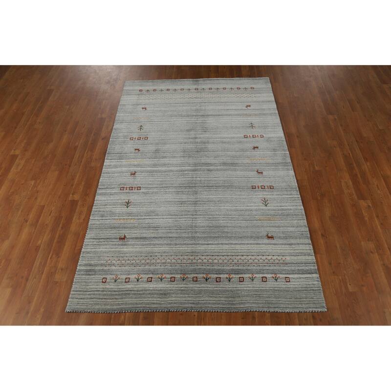 Hand Knotted Oriental 100% Wool Carpet Tribal Animal Pictorial Greys & Charcoal Gabbeh Area Rug - 8' 0'' X 5' 0''