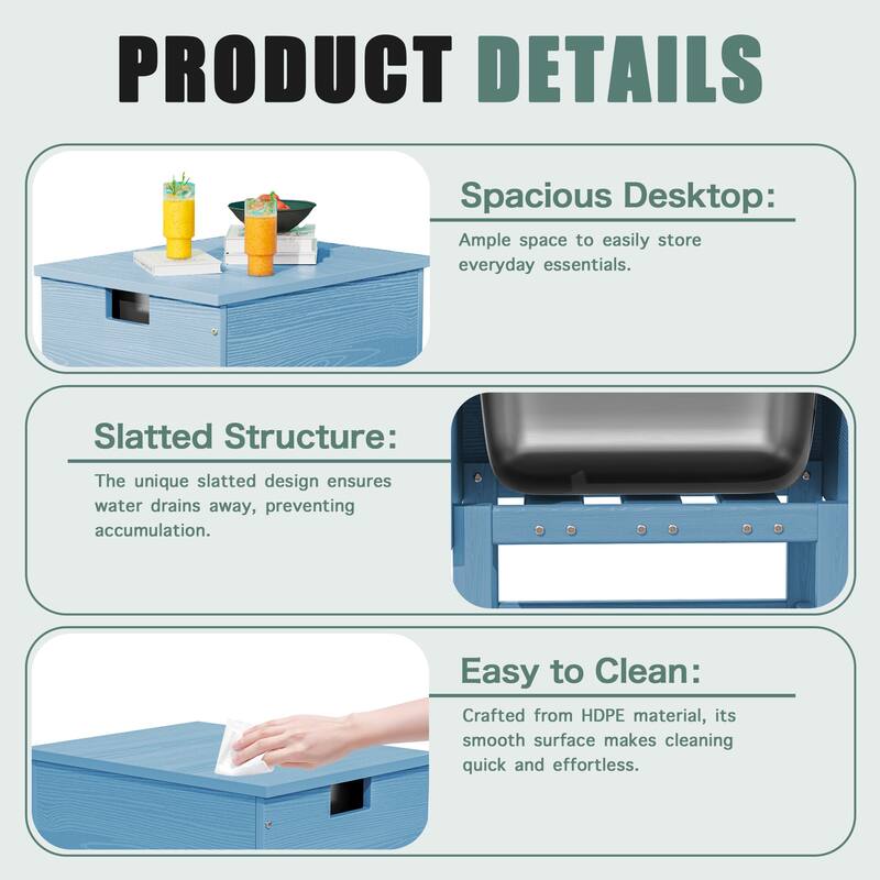 Outdoor Patio Weather Resistant HDPE Coffee & Side Table, Build-in Stainless Steel Cooler Bucket