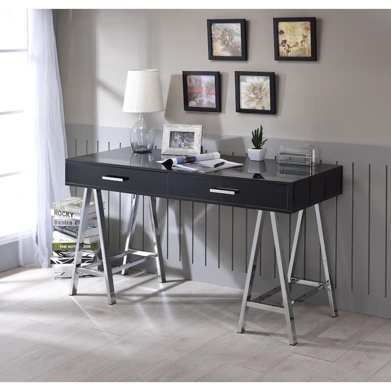 Victorian Desk Black Gloss Chrome Writing Table Home Office Workstation