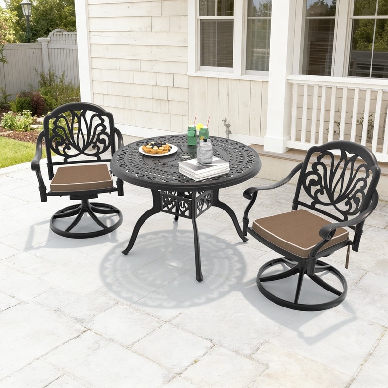 39.37in Round Cast Aluminum Outdoor Dining Table and 2 Swivel Black Frame Outdoor Chairs with Cushions