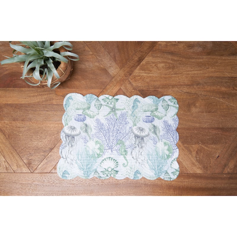 Shoreline Waters Scalloped Placemats Set of 6 Nautical Design, 13" x 19"