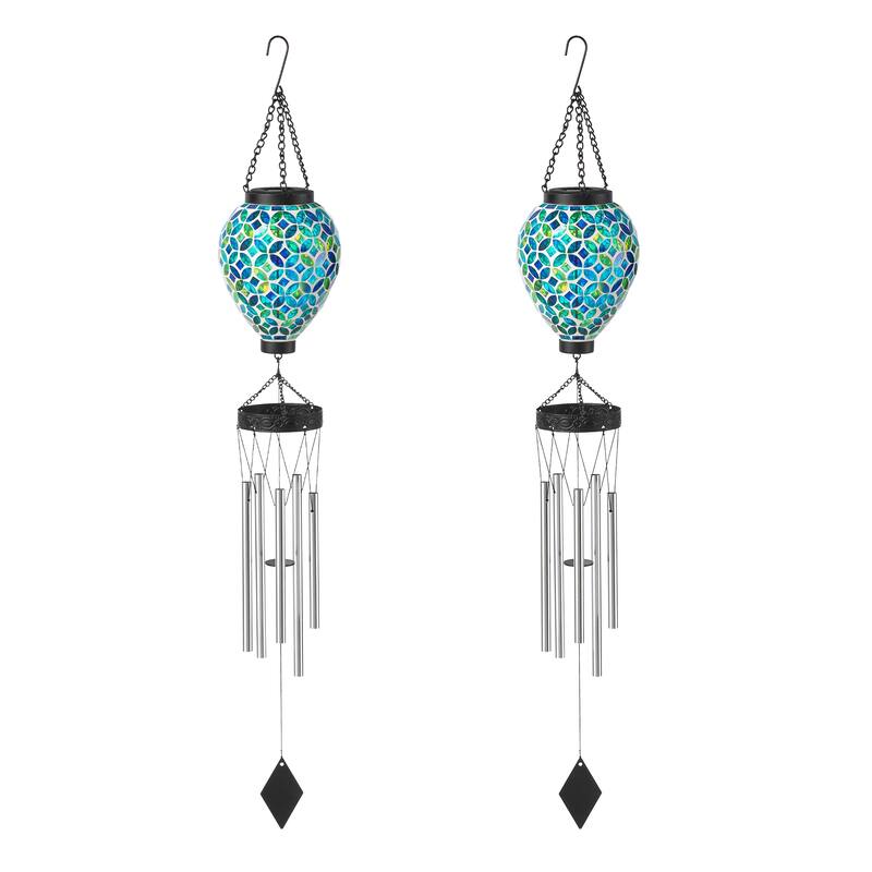 Glitzhome Set of 2 37"H Solar Lighted Metal and Glass Mosaic Windchimes - 37''H