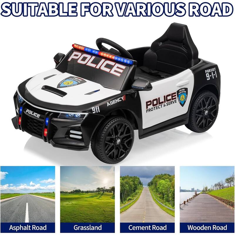 12V Kids Ride-On Police Car with Remote Control, Flashing LED Lights, Powered Toy Vehicle