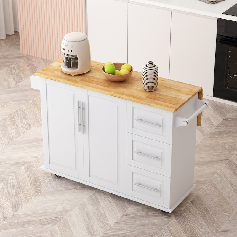 Kitchen Island Cart with Storage Cabinet and 3 Drawers, Rolling Utility Cart with Spice Rack, Towel Rack, Drop Leaf