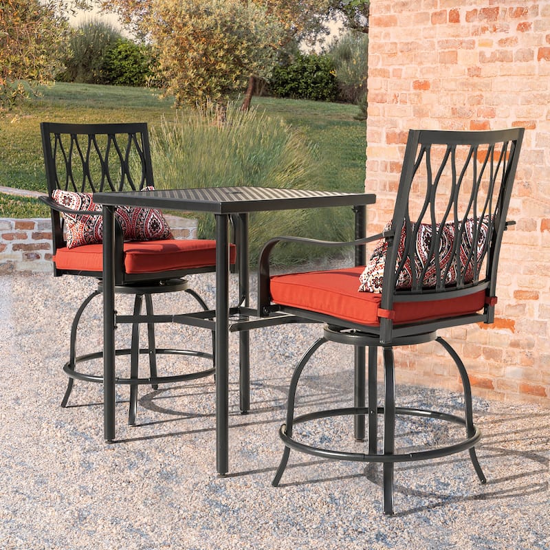 Outdoor 3-Piece Metal Bar Set, Swivel Bar Stools with Cushions and Pillows