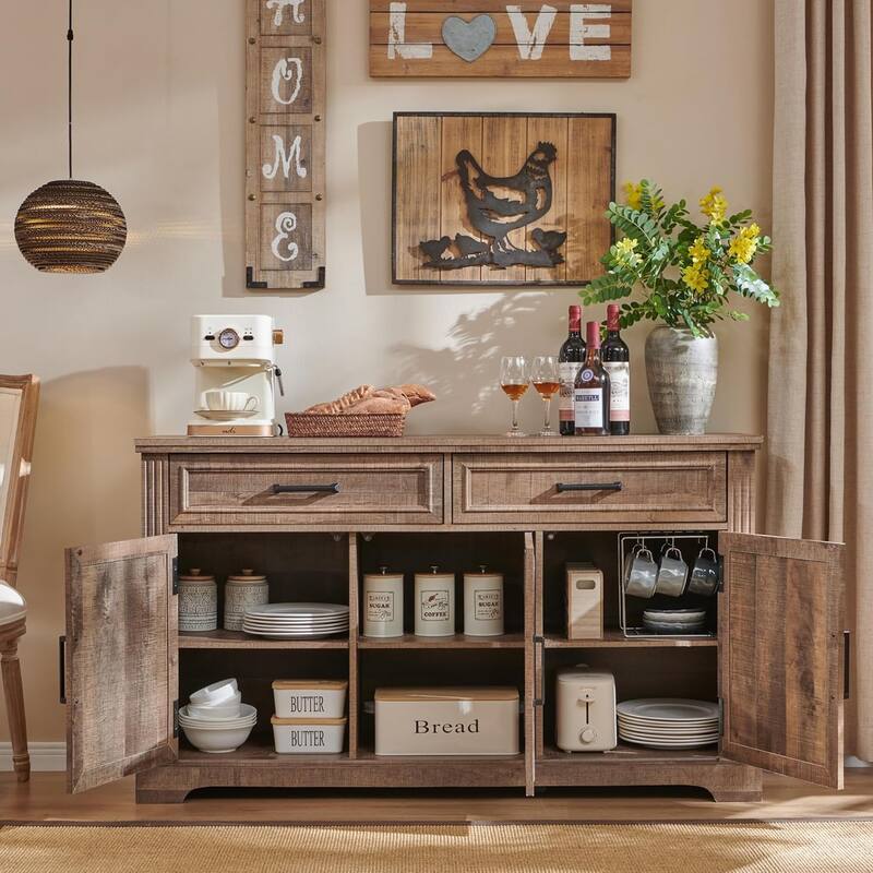 55" Large Buffet Sideboard Cabinet, Buffet Table Coffee Bar Wine Bar