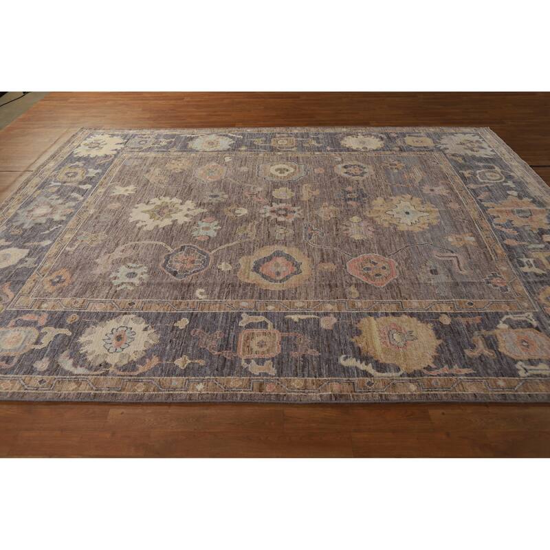 Hand Knotted Oriental 100% Wool Carpet Transitional All-Over Brown Oushak Area Rug - 9' 10'' X 8' 1''
