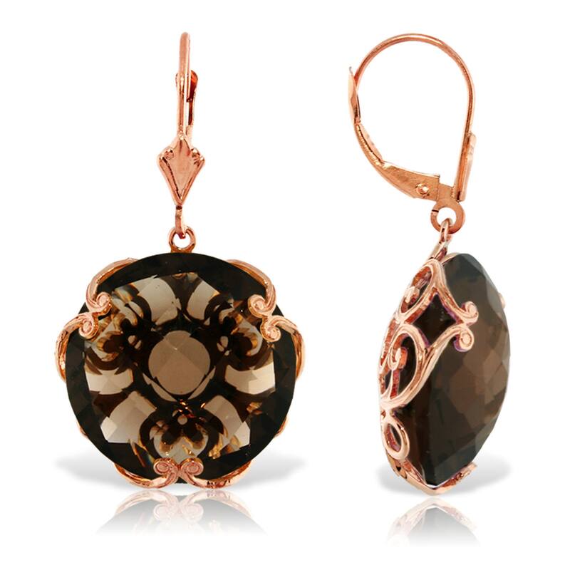 14K Solid Gold Leverback Gemstone Earrings Round Smoky Quartz Gemstone - Rose