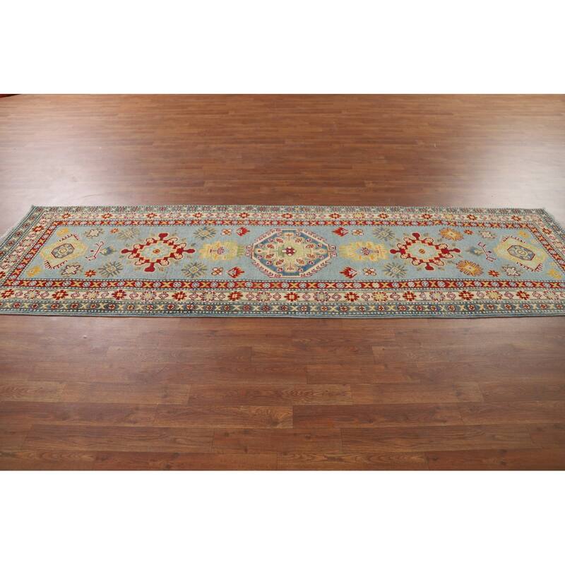 Light Blue Kazak Runner Rug Handmade Traditional Wool Carpet - 2'9" x 9'9"