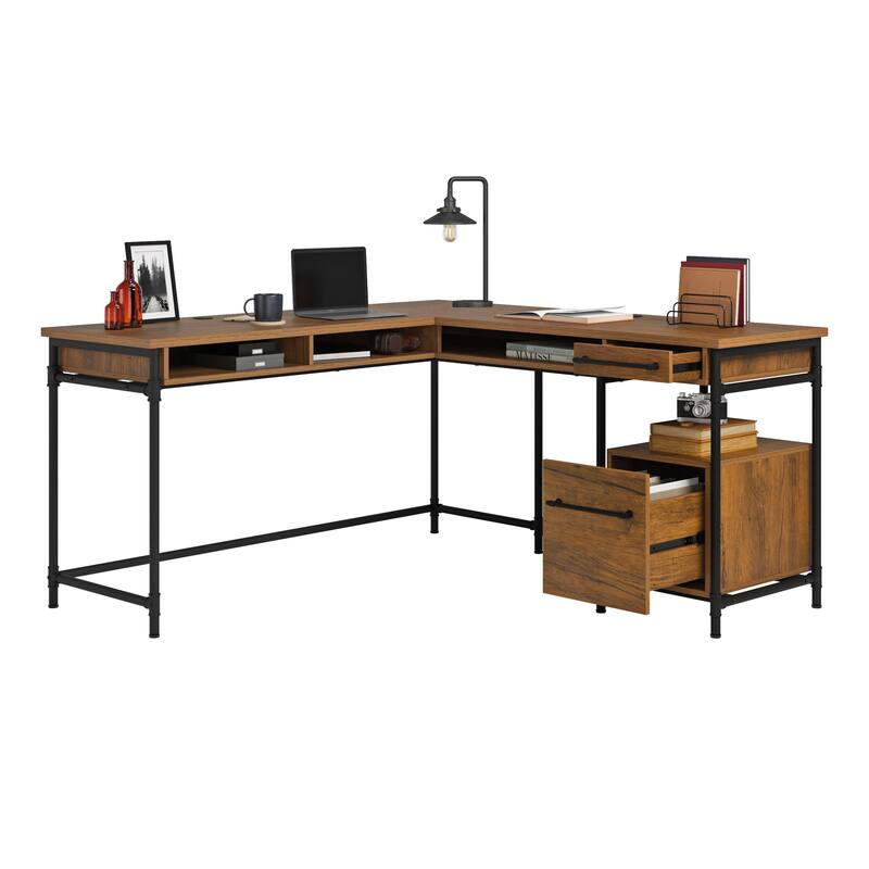 Wood L-Shaped Desk with 1-Inch Thick Desktop, Brown