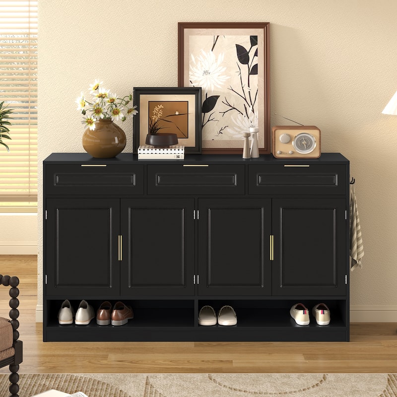 Sideboard with 4 Doors & 3 Drawers, Buffet Cabinet with Adjustable Shelf & Open Shelf, Multi-Functional Wooden Storage Cabinet