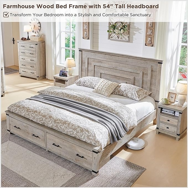 Farmhouse King Size Bed Frame w 54 Tall Headboard 2 Large Drawers On Sale Bed Bath Beyond 40831210