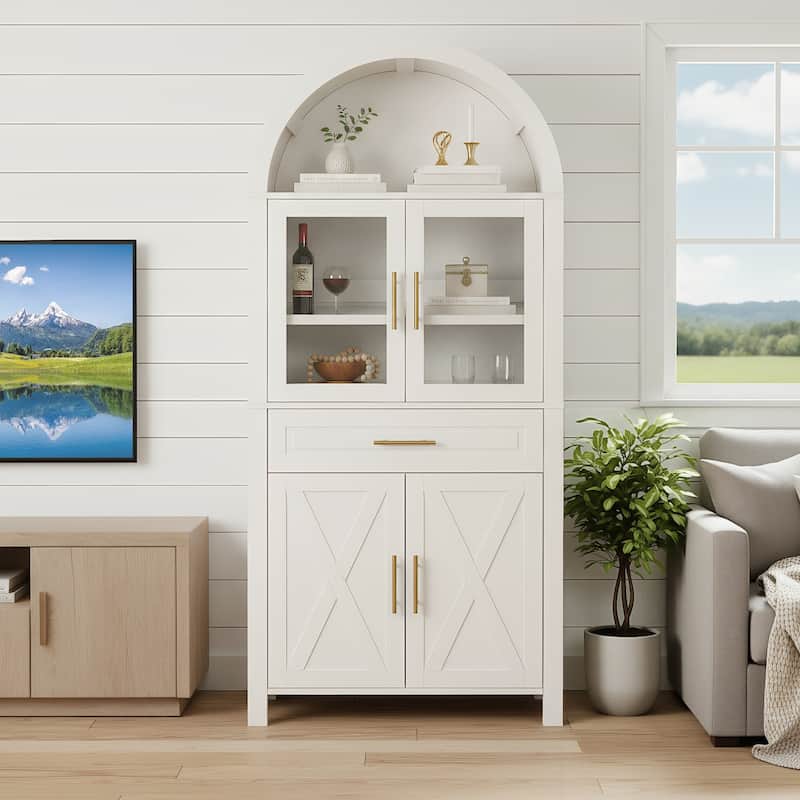 Arched Kitchen Pantry Cabinet with Glass Door, Farmhouse 71" Storage Cabinet with Adjustable Shelves & Barn Door Design