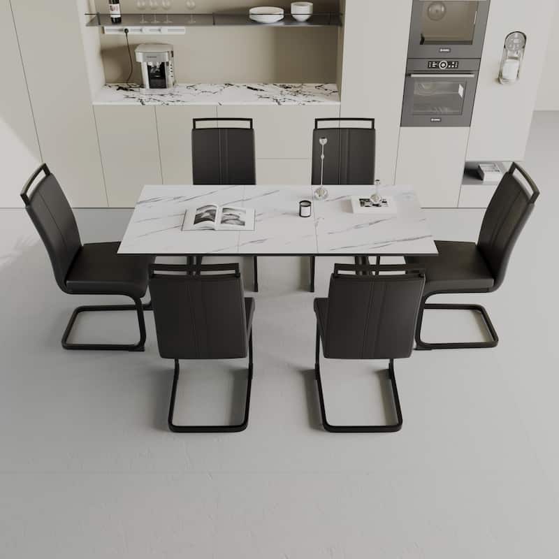 Modern Dining Set with Rectangular Extendable Table & High Back C-shaped Tube Chairs
