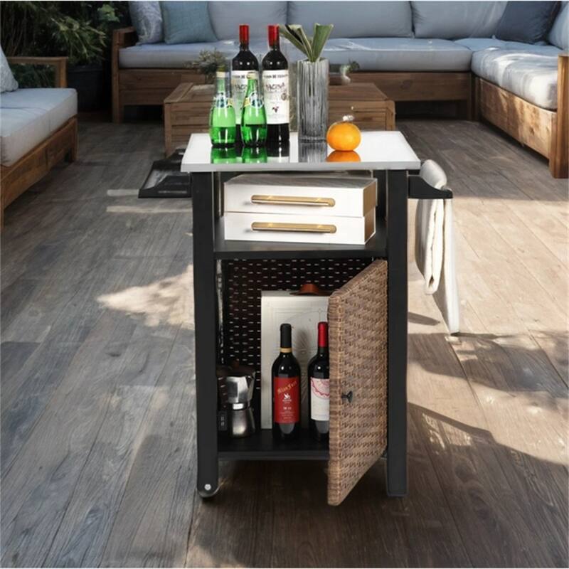 Outdoor Wicker Rolling Island w/ Stainless Steel Extended Top,Handle