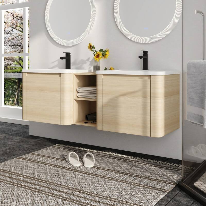 Malwee 24"/36"/48"/60" Floating Bathroom Vanity, Wall Mounted Bathroom Vanity with Ceramic Sink,Soft Close Door and Shelf