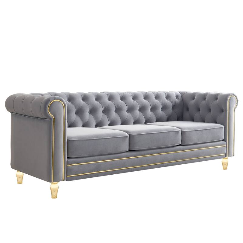 Chesterfield Velvet Sofa 84.65 Inch For Living Room Light Grey Color