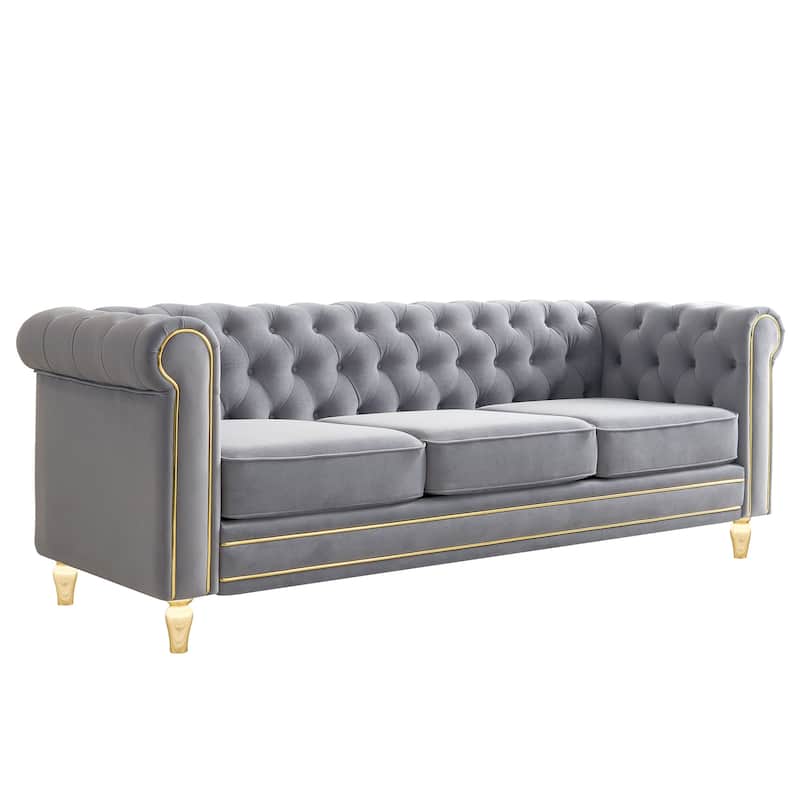 Chesterfield Velvet Sofa with Golden Decorative Strip for Living Room