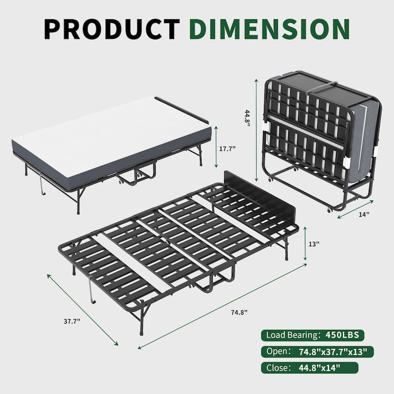 75" Folding Bed with Adjustable Headboard, 5" Memory Foam Rollaway Bed for Tall People, Heavy-Duty Portable Guest Bed