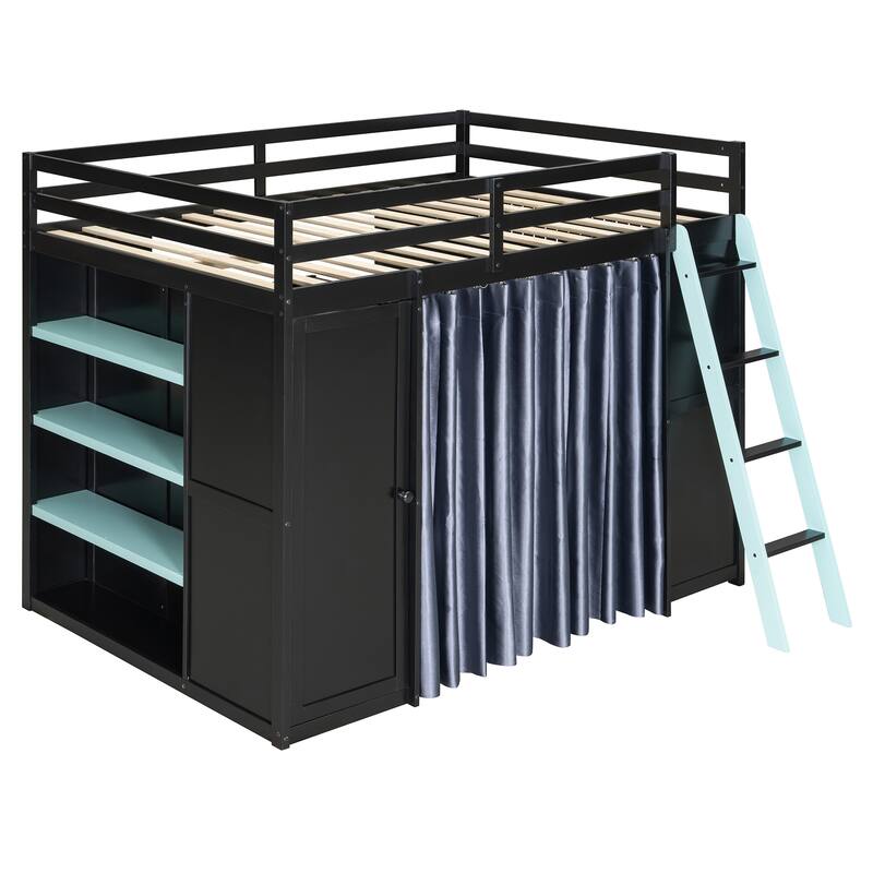 Full Size Wood High Loft Bed, All-in-One Loft Bed Frame with Wardrobe, Shelves, Desk, Charging Station, Curtains and RGB Lights