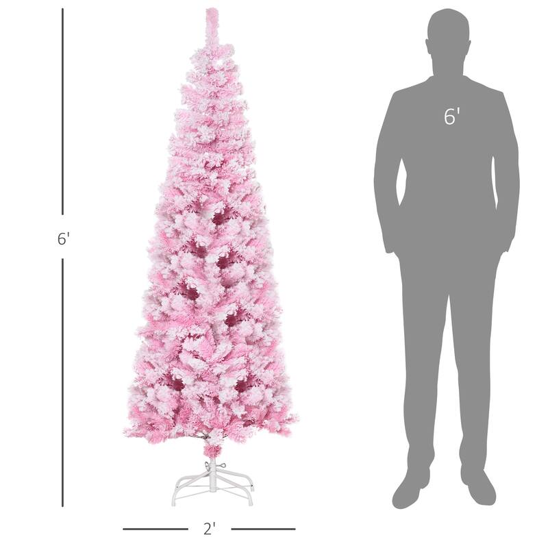 Pink Snow Flocked Pencil Christmas Tree Indoor Slim Space Saving Artificial Tree with Hinged Branches and Steel Base